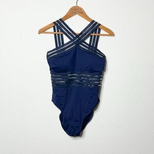 Kenneth Cole Women's Navy Striped Crossback One-Piece Swimsuit - Size M